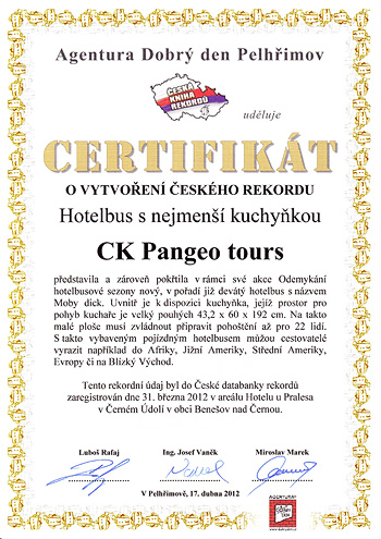 Certifikát o vytvoření rekordu "Hotelbus s nejmenší kuchyňkou", Agentura Dobrý den Pelhřimov 31.3.2012 | Cestovní kancelář PangeoTours