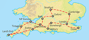 Poznávací zájezd Jihem Anglie až na konec světa, Mapa