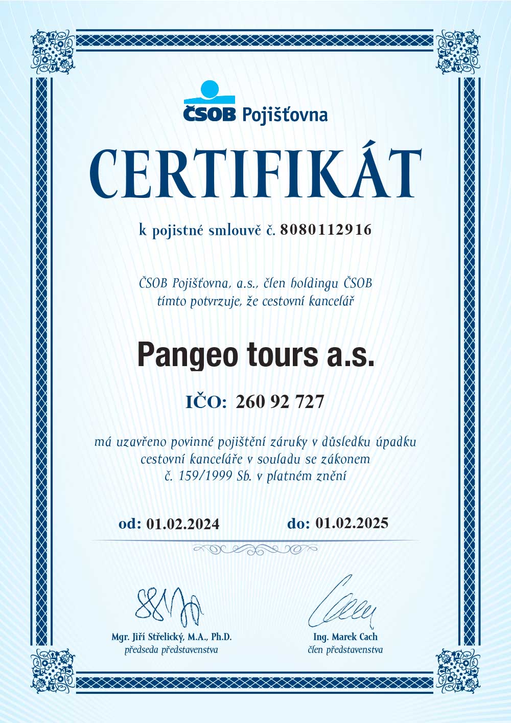 Pojištění záruky pro případ úpadku CK Pangeo tours a.s. - 2024