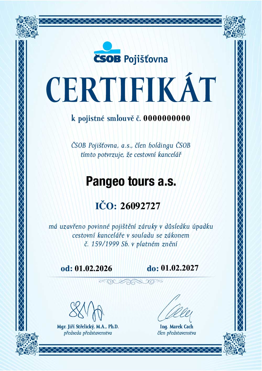 Pojištění záruky pro případ úpadku CK Pangeo tours a.s. - 2026