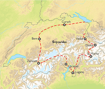 Poznávací zájezd Kouzlo švýcarských Alp, Mapa Poznávací zájezd Kouzlo švýcarských Alp, Mapa