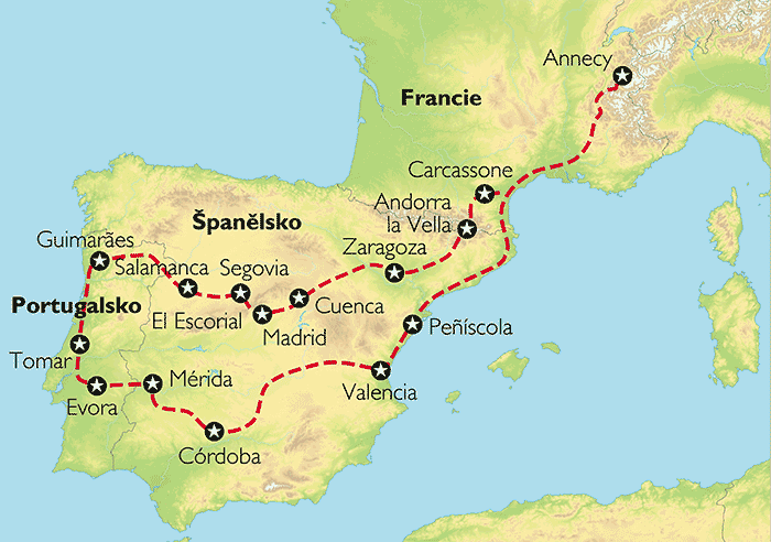Poznávací zájezd Cestou španělských a portugalských králů, Mapa