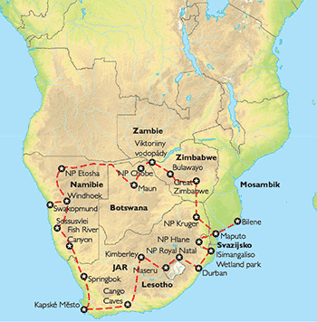 Poznávací zájezd Velký okruh jižní Afrikou, Mapa Poznávací zájezd Velký okruh jižní Afrikou, Mapa
