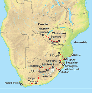 Poznávací zájezd Šesti zeměmi jihovýchodní Afriky, Mapa
