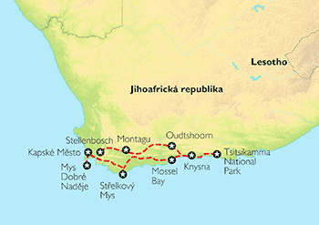 Poznávací zájezd JAR – Z Kapského Města po Port Elizabeth, Mapa Poznávací zájezd JAR – Z Kapského Města po Port Elizabeth, Mapa