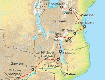 Poznávací zájezd Savanami východní Afriky, Mapa Poznávací zájezd Savanami východní Afriky, Mapa